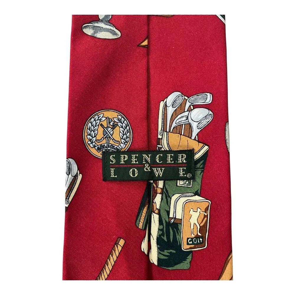 Vtg 1990s Spencer & Lowe Golf Themed Silk Necktie – Red Trophy & Clubs Print